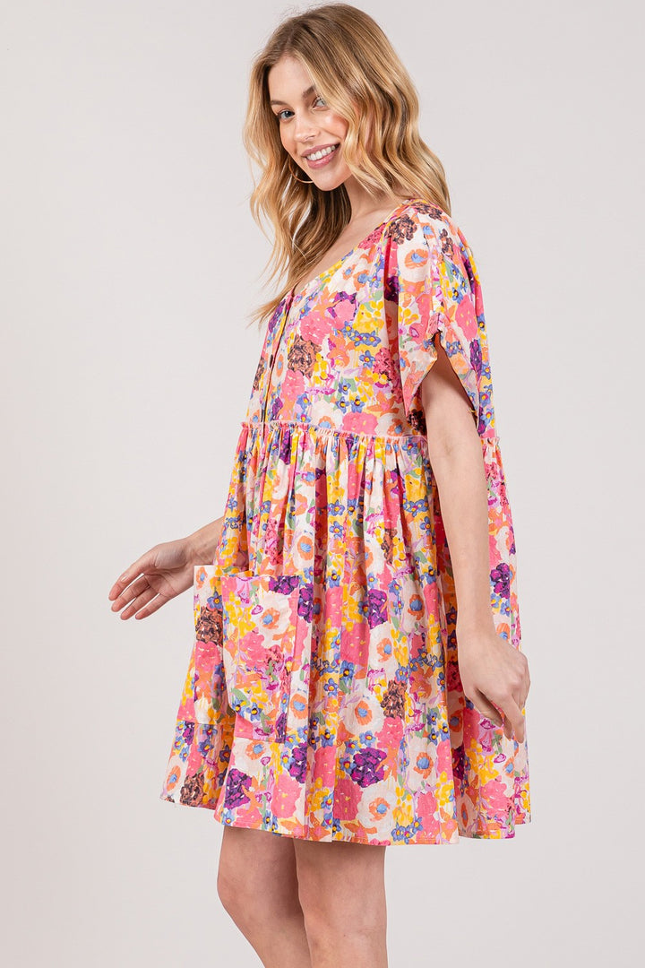 SAGE + FIG Floral Short Sleeve Babydoll Dress with Pockets | Trendsi