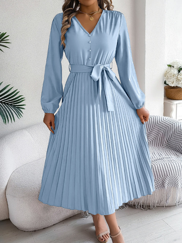 Pleated Tied V-Neck Long Sleeve Dress | Trendsi