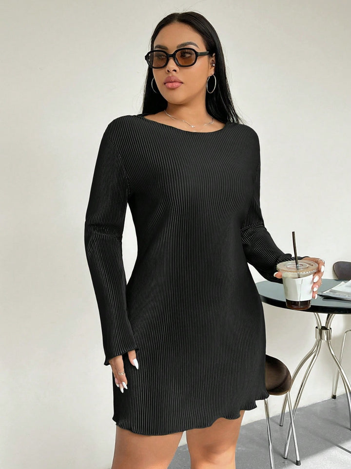 Honey Plus Size Lettuce Hem Round Neck Long Sleeve Dress | Trendsi