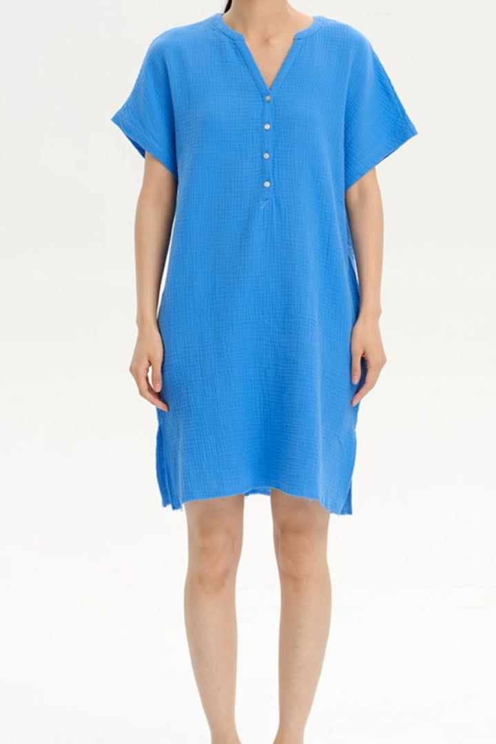 Slit Notched Short Sleeve Mini Dress | Trendsi