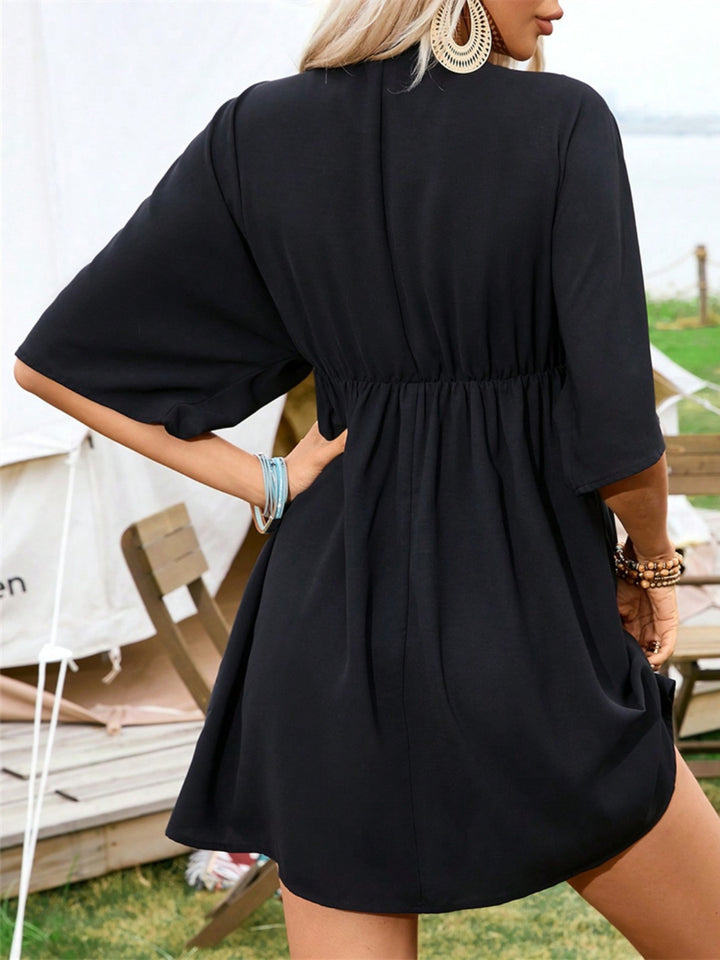 Embroidered Plunge Half Sleeve Mini Dress | Trendsi