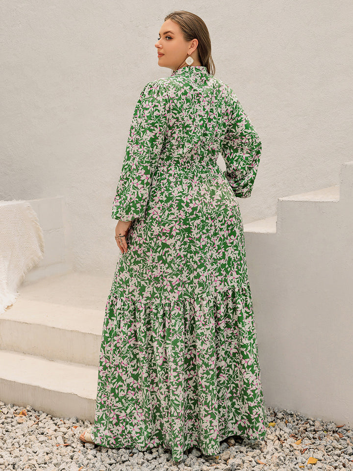 Plus Size Printed Notched Long Sleeve Maxi Dress | Trendsi