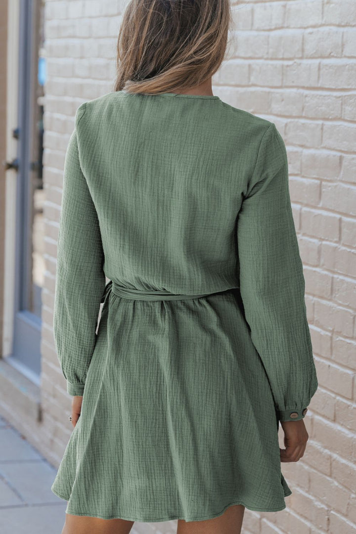 Round Neck Long Sleeve Tie Waist Dress | Trendsi