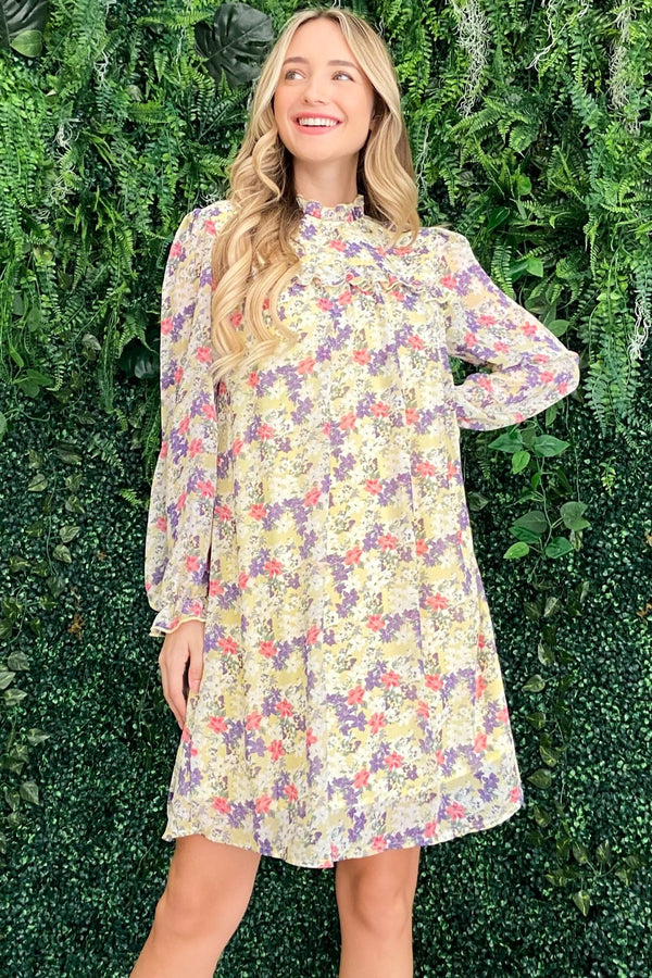 And The Why Floral Mock Neck Flounce Sleeve Dress | Trendsi