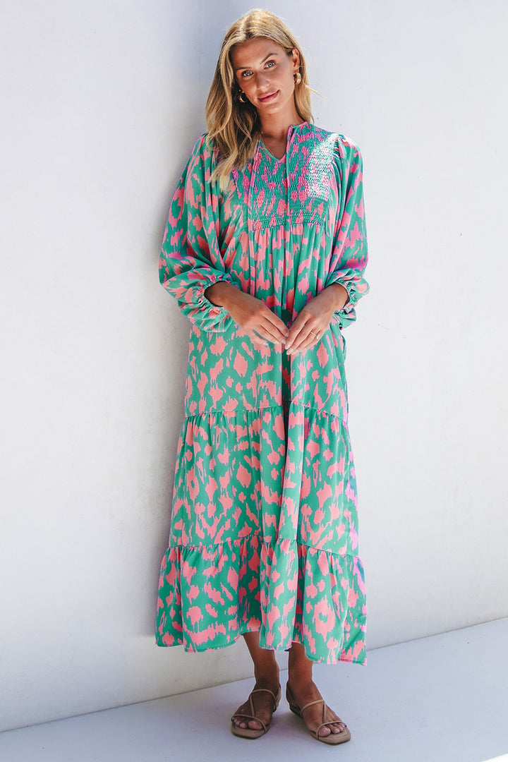 Smocked Printed Tie Neck Long Sleeve Dress | Trendsi