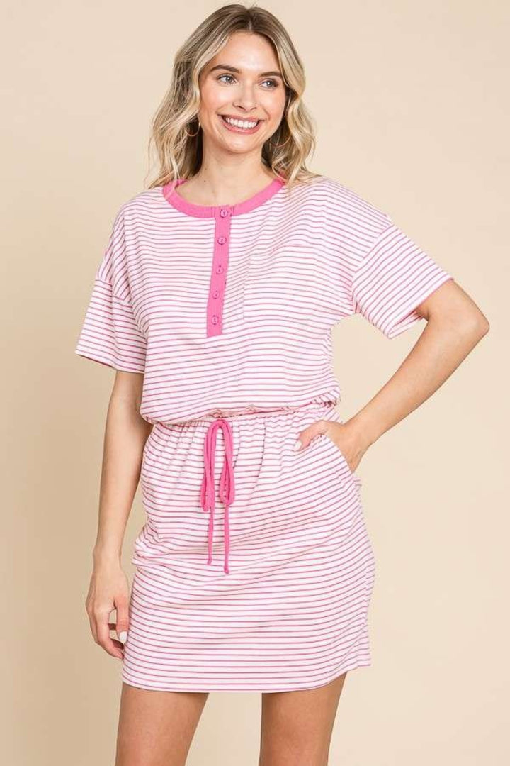 Culture Code Full Size Striped Short Sleeve Mini Dress with Pockets | Trendsi