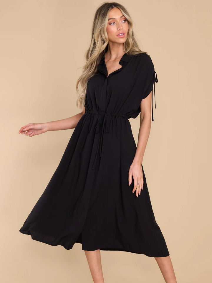 Drawstring Collared Neck Short Sleeve Midi Dress | Trendsi