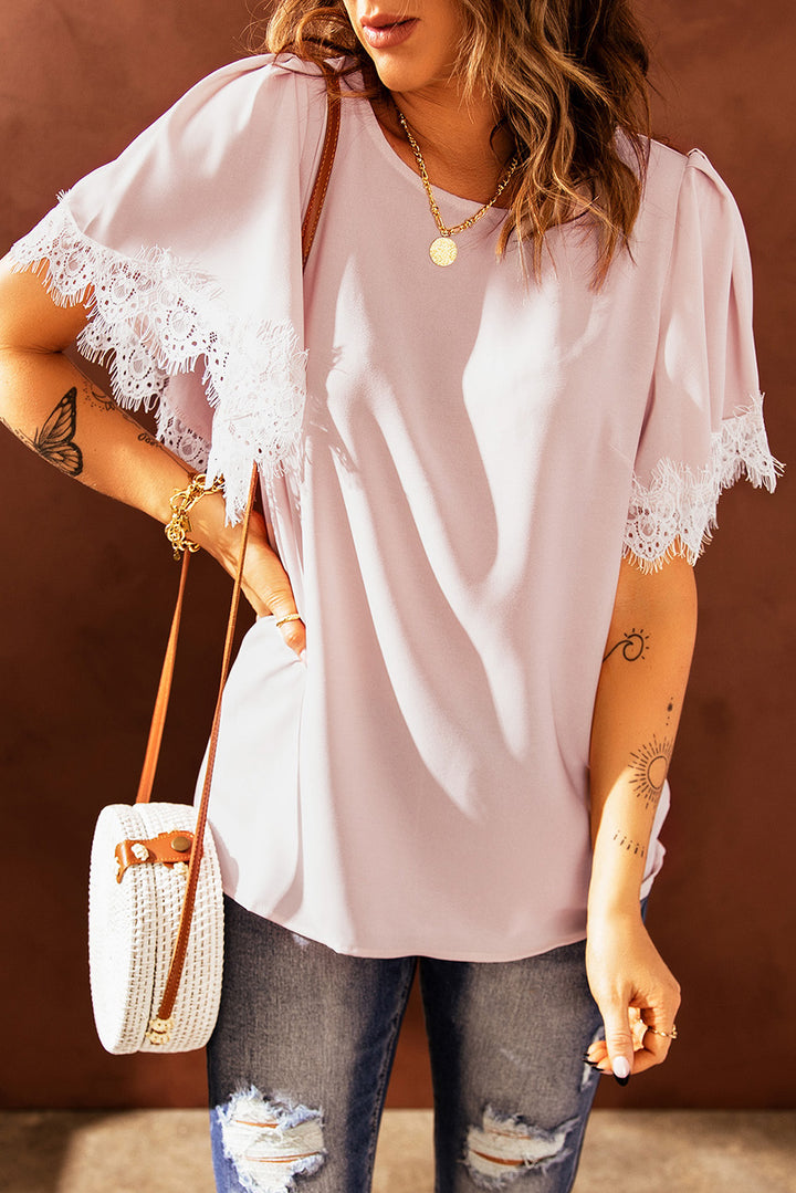 Lace Trim Flutter Sleeve Blouse | Trendsi