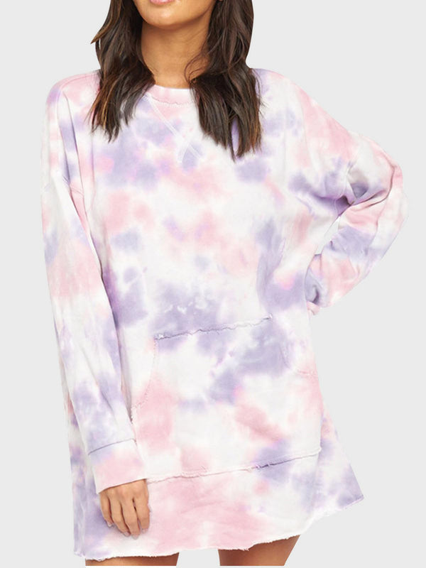 Pocketed Tie-Dye Round Neck Long Sleeve Dress | Trendsi