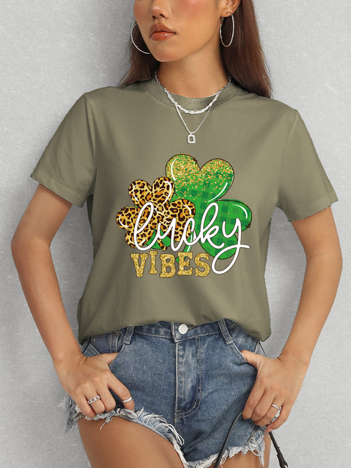 LUCKY VIBES Round Neck Short Sleeve T-Shirt | Trendsi