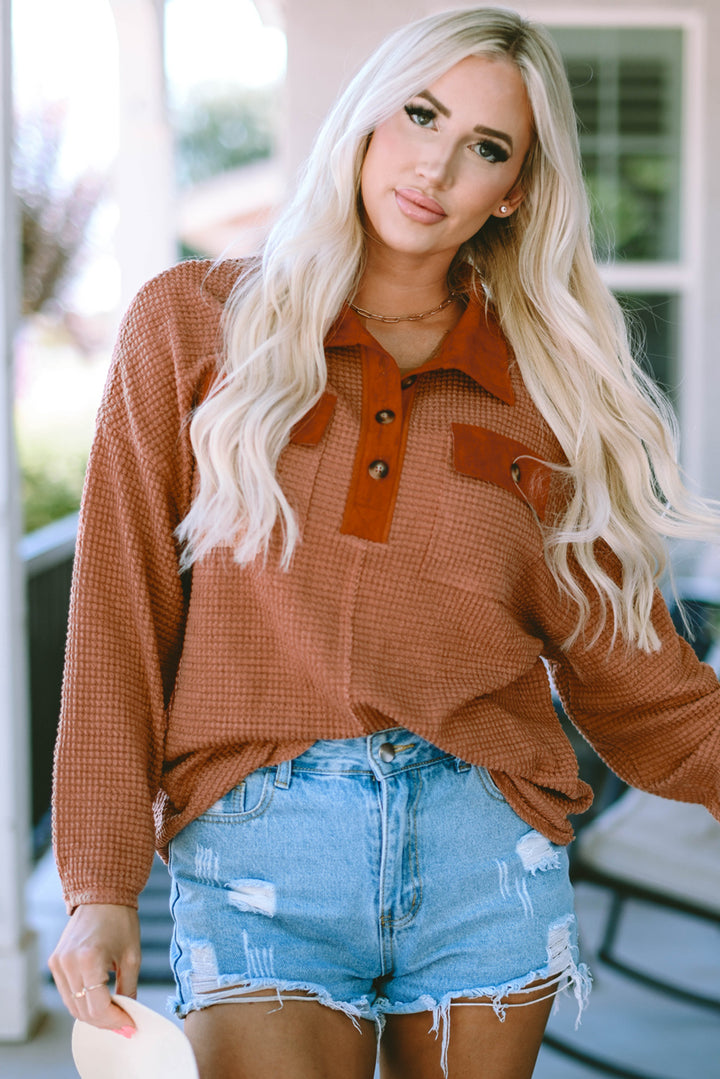 Half-Button Collared Long Sleeve Top | Trendsi