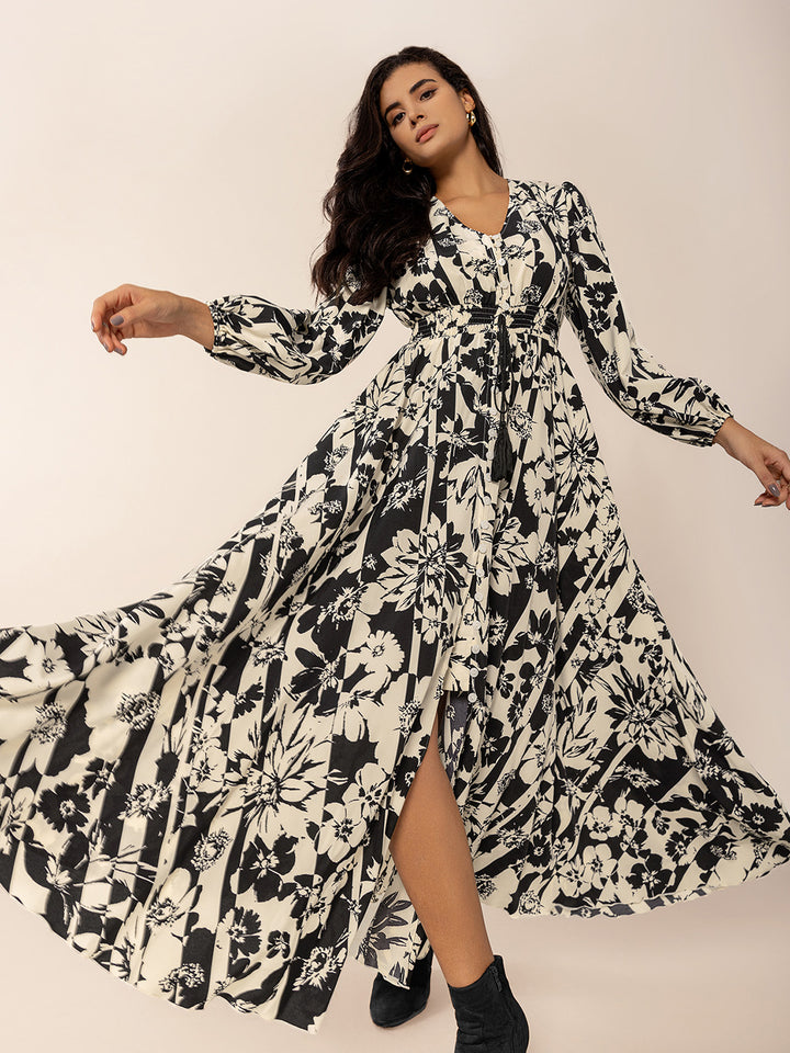 Tied Printed V-Neck Long Sleeve Midi Dress | Trendsi