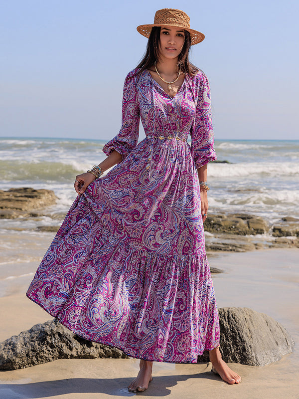 Printed Tie Neck Balloon Sleeve Maxi Dress | Trendsi