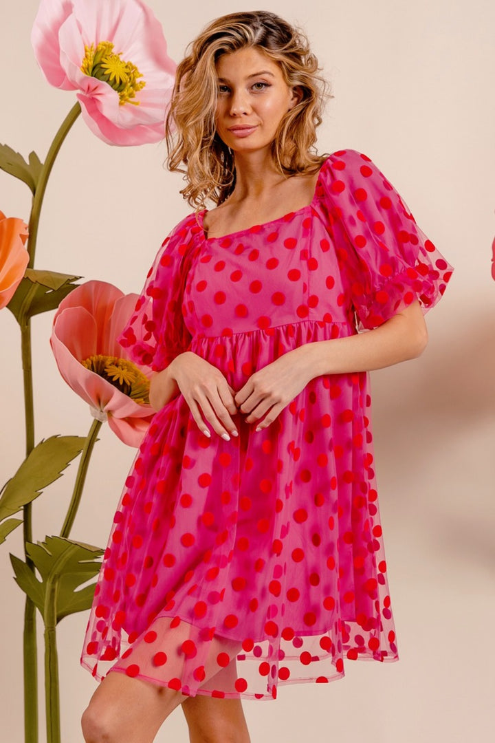 BiBi Polka Dot Mesh Puff Sleeve Dress | Trendsi