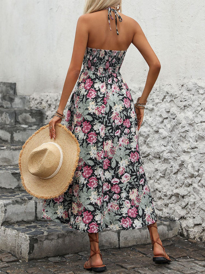 Smocked Printed Halter Neck Midi Dress | Trendsi