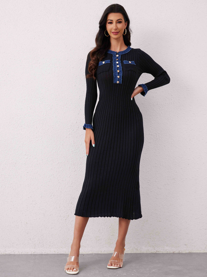 Contrast Trim Round Neck Long Sleeve Sweater Dress | Trendsi