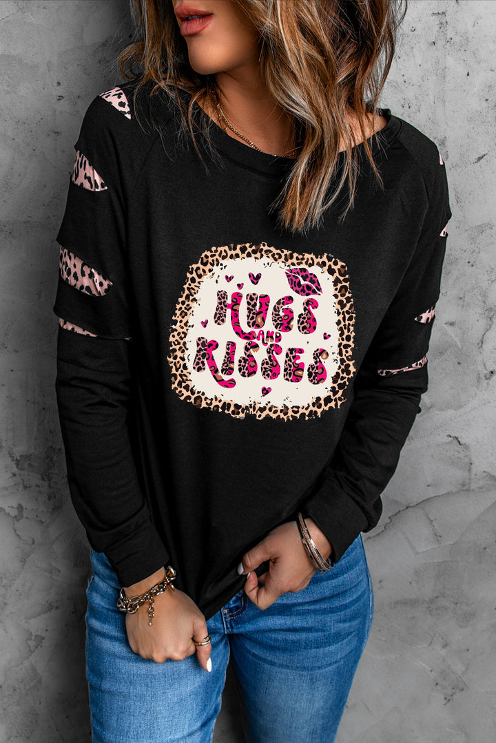 HUGS AND KISSES Leopard Round Neck Sweatshirt | Trendsi