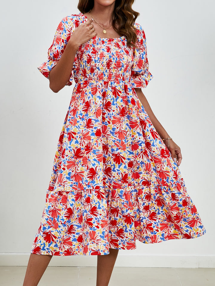 Smocked Floral Square Neck Short Sleeve Dress | Trendsi