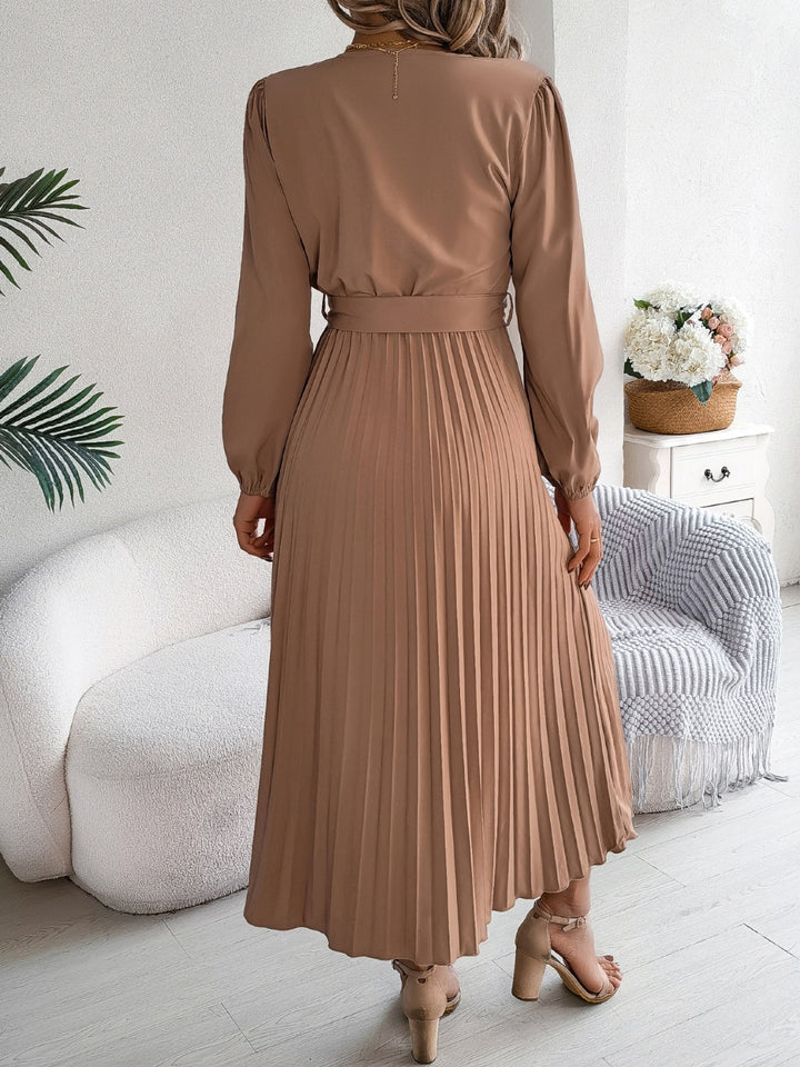 Pleated Tied V-Neck Long Sleeve Dress | Trendsi