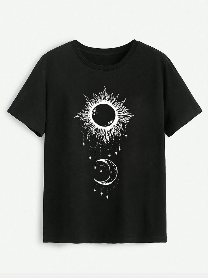 Sun & Moon Graphic Round Neck T-Shirt | Trendsi