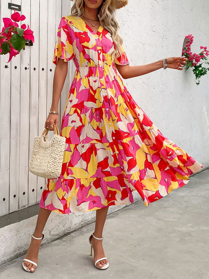 Printed V-Neck Flutter Sleeve Midi Dress | Trendsi