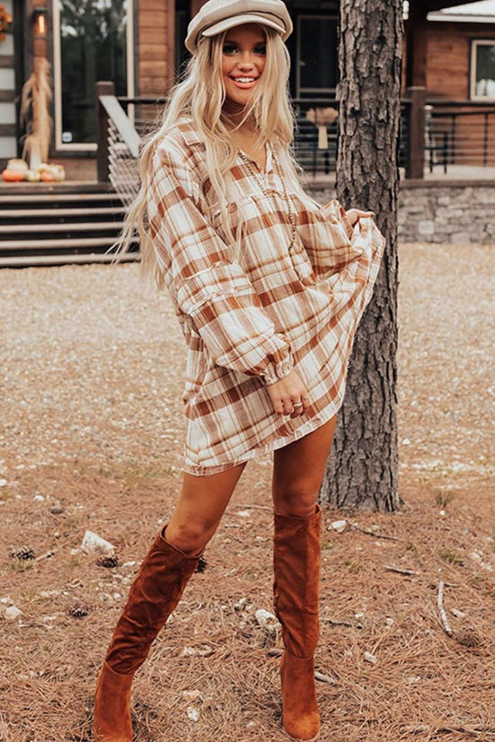 Plaid Collared Neck Long Sleeve Mini Shirt Dress | Trendsi