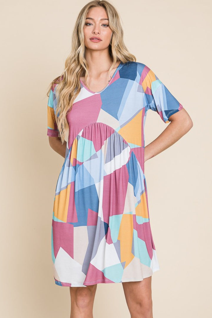 BOMBOM Ruched Color Block Short Sleeve Dress | Trendsi