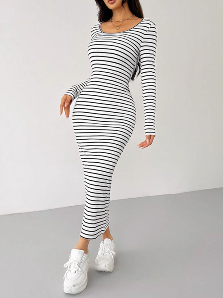 Striped Scoop Neck Long Sleeve Midi Tee Dress | Trendsi