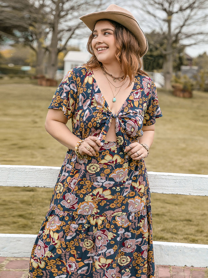 Plus Size Tied Printed Short Sleeve Midi Dress | Trendsi