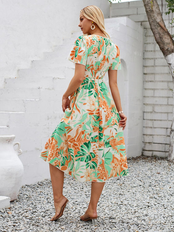 Printed V-Neck Short Sleeve Midi Dress | Trendsi