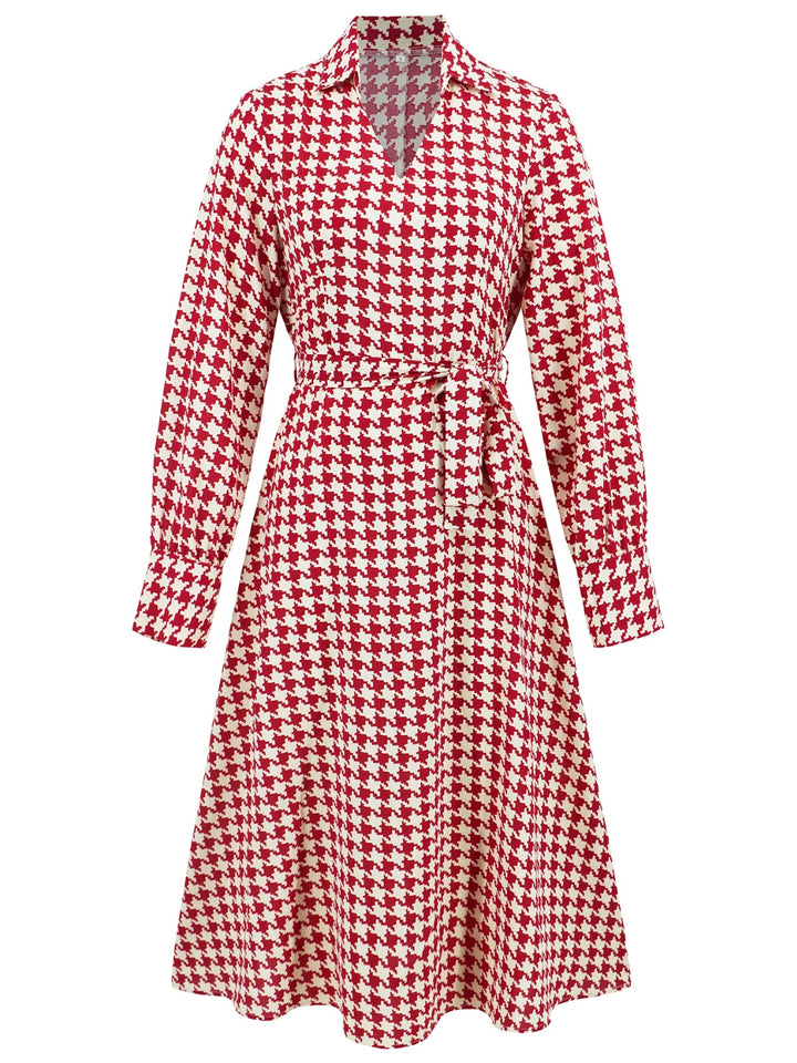 Tied Houndstooth Long Sleeve Midi Dress | Trendsi