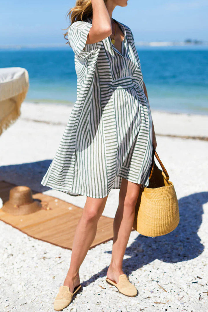 Striped Notched Short Sleeve Mini Dress | Trendsi