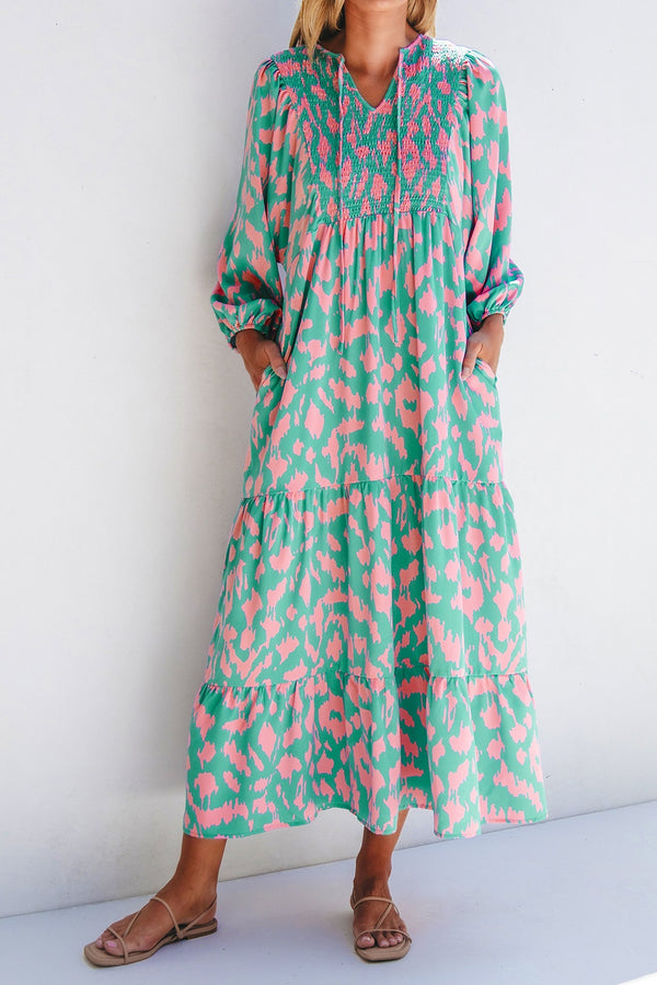 Smocked Printed Tie Neck Long Sleeve Dress | Trendsi