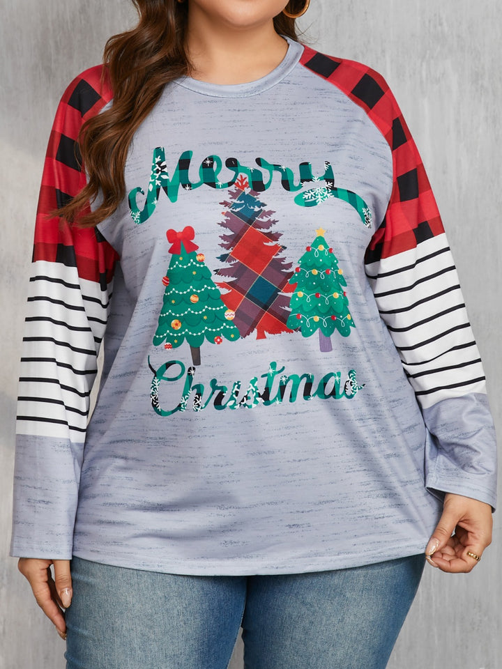 Plus Size Christmas Tree Plaid Round Neck Long Sleeve T-Shirt | Trendsi