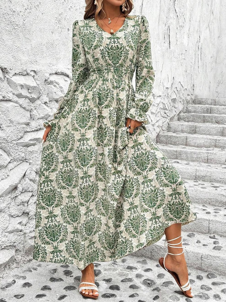 Smocked Printed V-Neck Flounce Sleeve Dress | Trendsi