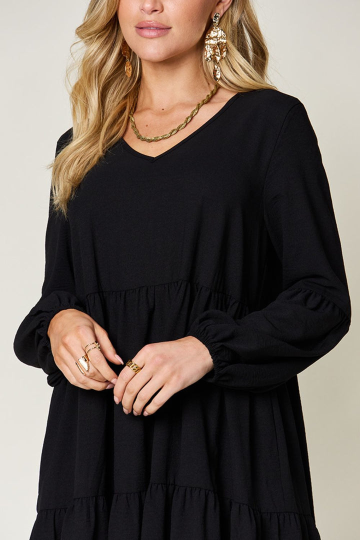 Double Take Full Size V-Neck Balloon Sleeve Tiered Dress | Trendsi