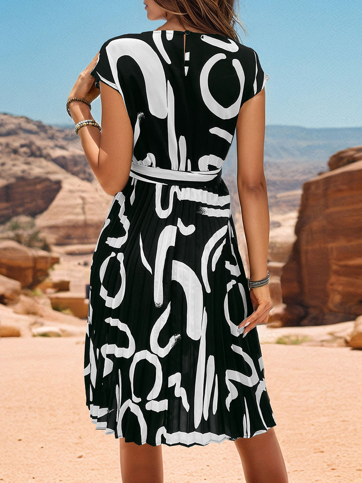 Printed Cap Sleeve Tie Waist Dress | Trendsi