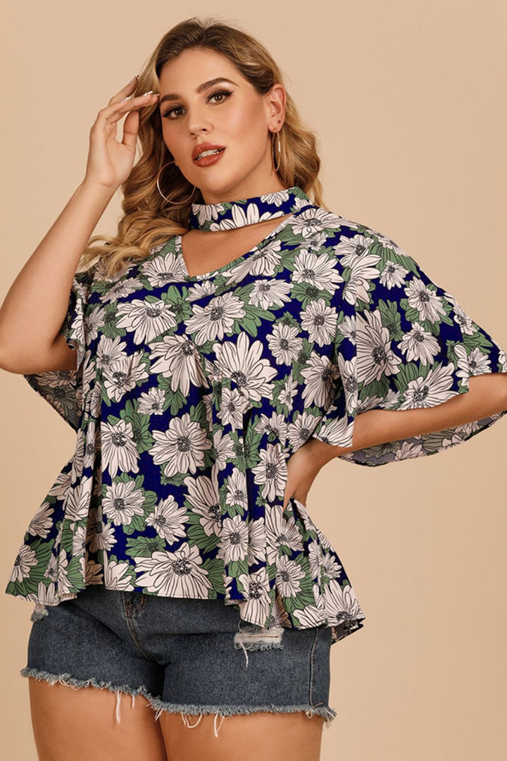 Plus Size Floral Flutter Sleeve Cutout Blouse | Trendsi