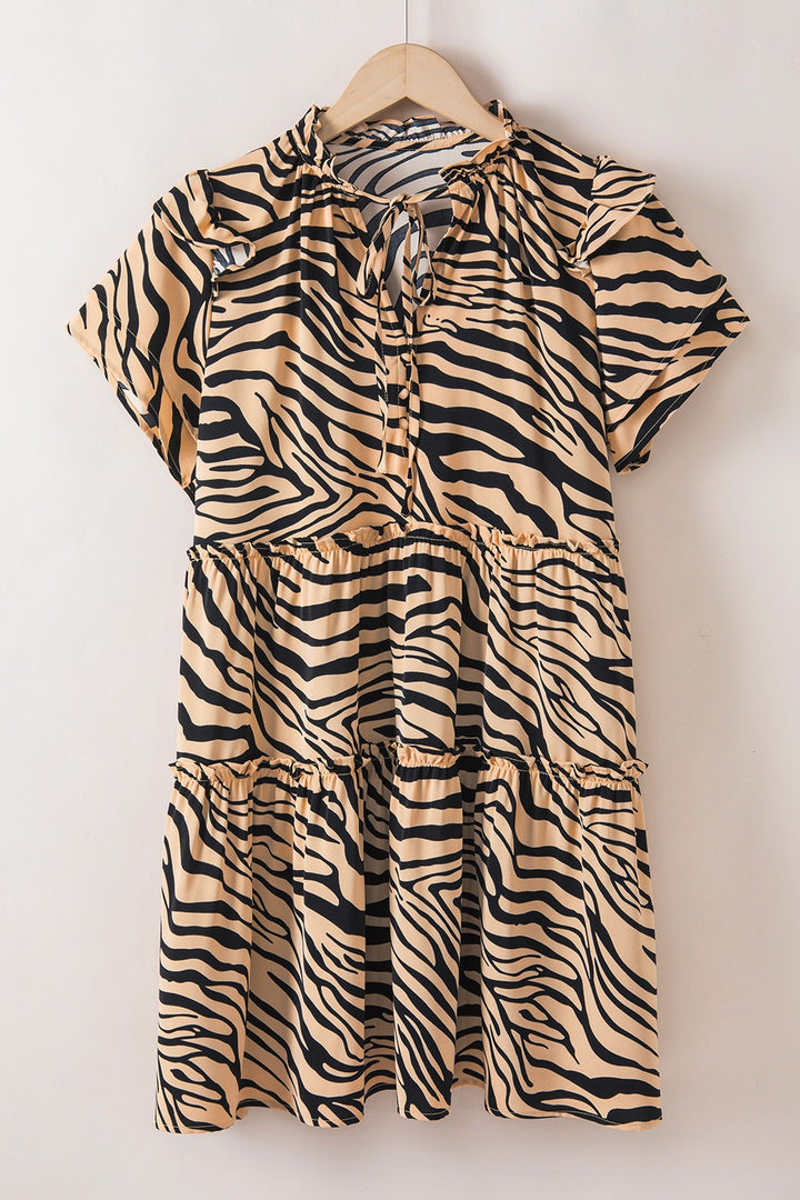 Ruffled Animal Print Tie Neck Mini Dress | Trendsi