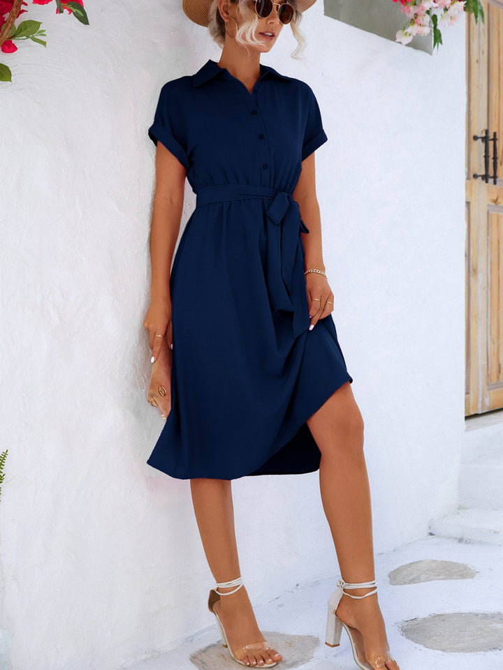 Buttoned Tie Waist Short Sleeve Dress | Trendsi