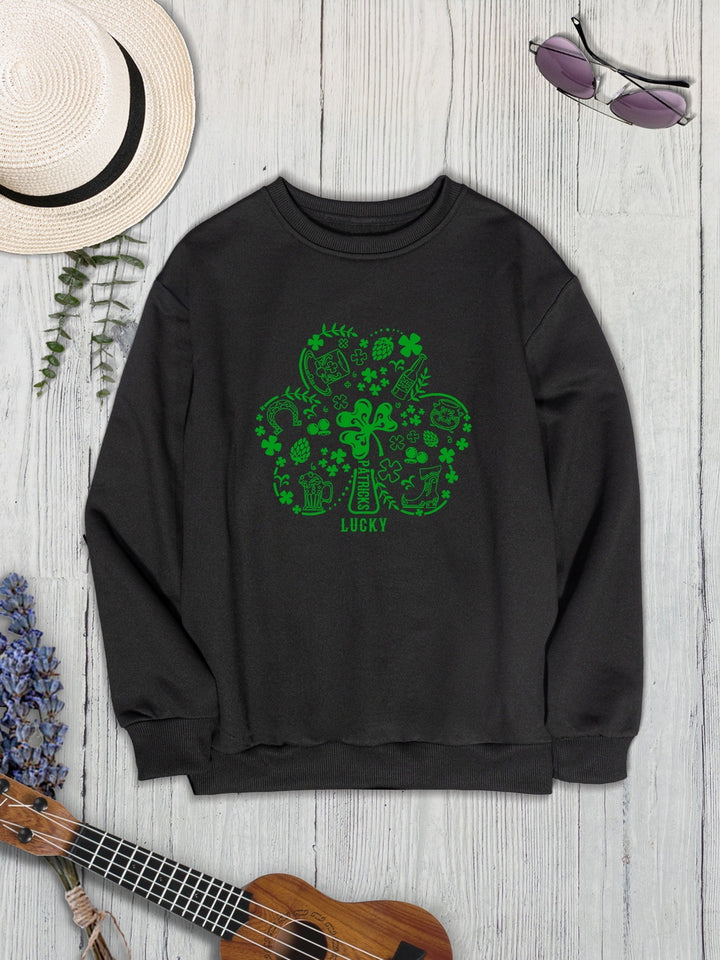 Lucky Clover Round Neck Sweatshirt | Trendsi