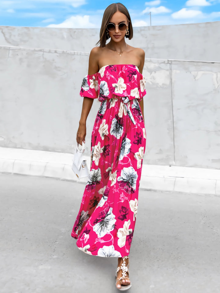 Pleated Floral Off-Shoulder Short Sleeve Midi Dress | Trendsi