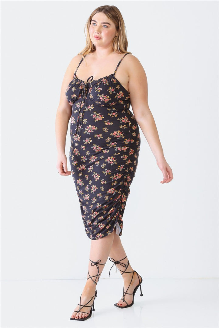 Blue Leopard Plus Size Ruched Floral Square Neck Cami Dress | Trendsi