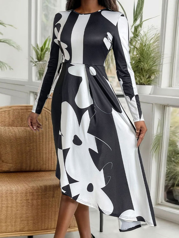 Perfee Asymmetrical Slit Round Neck Long Sleeve Midi Dress | Trendsi