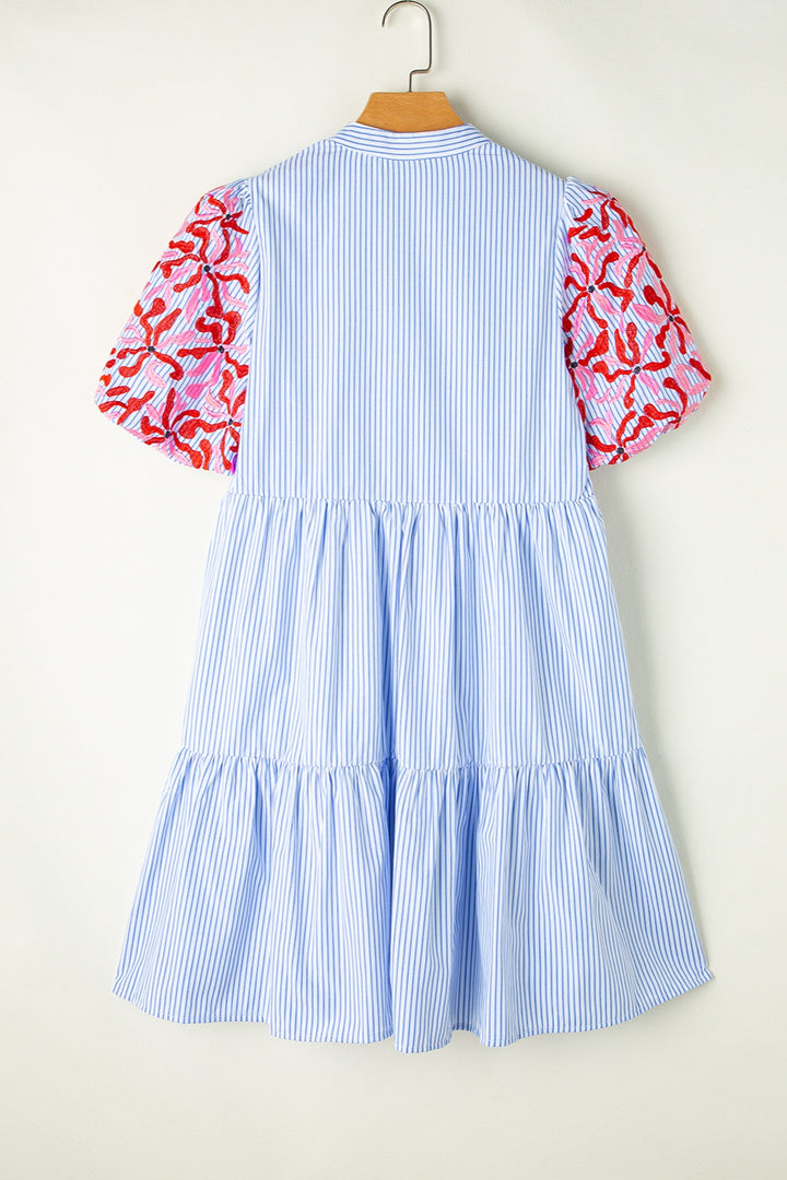 Embroidered Striped Notched Short Sleeve Dress | Trendsi