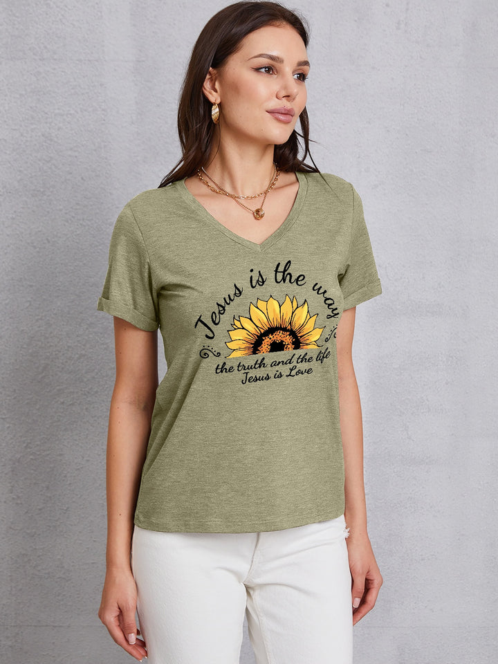 Sunflower V-Neck Short Sleeve T-Shirt | Trendsi