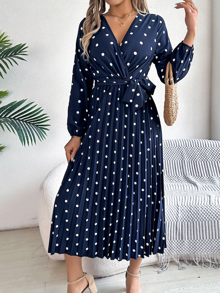 Tied Polka Dot Long Sleeve Midi Dress | Trendsi