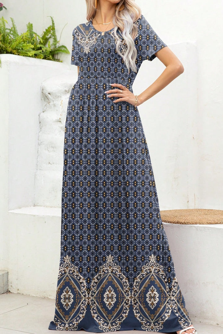 Printed Round Neck Short Sleeve Maxi Dress | Trendsi