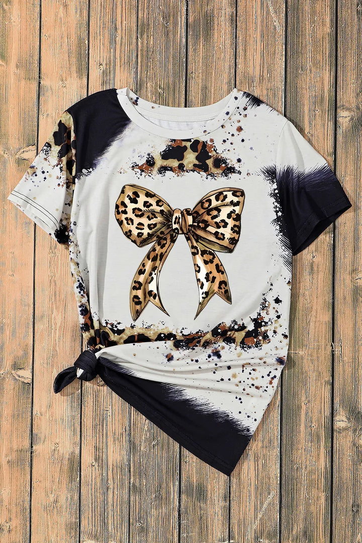 Bow Graphic Leopard Round Neck Short Sleeve T-Shirt | Trendsi