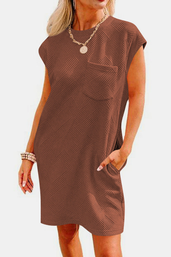 Textured Round Neck Cap Sleeve Dress | Trendsi